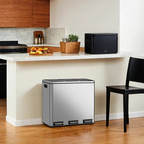 Rootz 3 x 18L Pedal Kitchen Bin - Garbage Separation System - Recycling Bins - Hygienic & Pet-Proof - 61.5cm x 31.5cm x 56cm