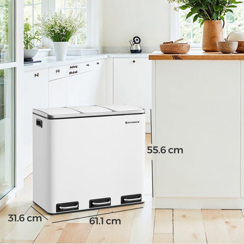 Rootz 3 Compartment Pedal Bin - Trash Can - Recycling Bin - Hygienic Waste Sorting - 61.5 x 31.5 x 56 cm