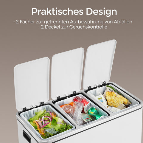 Rootz 3 Compartment Pedal Bin - Trash Can - Recycling Bin - Hygienic Waste Sorting - 61.5 x 31.5 x 56 cm