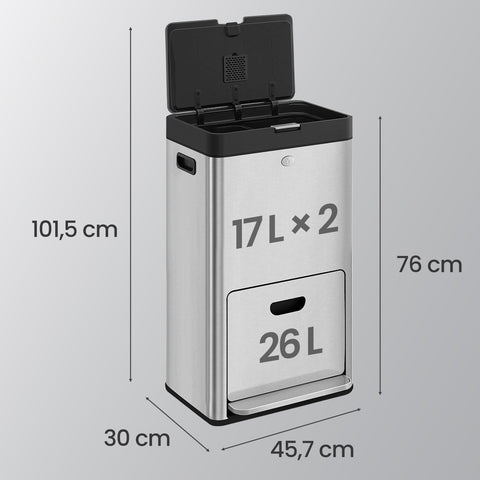 Rootz Stainless Steel Waste Bucket - Trash Bin - Garbage Container - Efficient Waste Management - 45.7 x 30 x 76 cm
