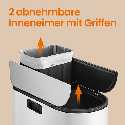 Rootz Trash Bin with Interior Buckets - Waste Container - Garbage Can - Durable Steel - 49 x 29 x 64 cm, Cloud White Metallic Silver