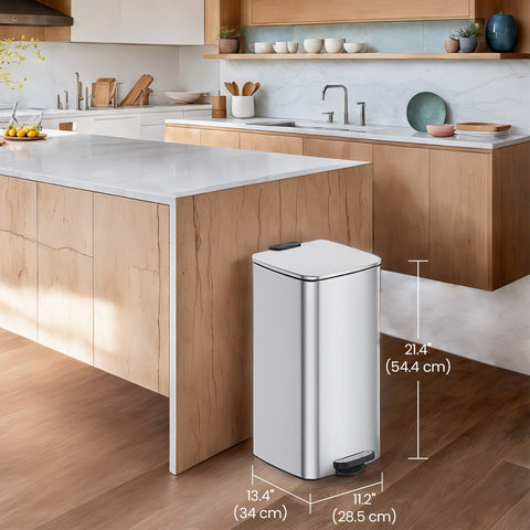 Rootz Pedal Waste Bucket - Kitchen Trash Can - 30L Bin - Durable Steel - 34x28.5x54.4cm - Hygienic Metallic Silver Finish