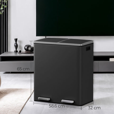 Rootz Dual Compartment Dash Can - Recycling Bin - Waste Separator - 60L Capacity - Steel Material - 59cm x 36.5cm x 65.2cm