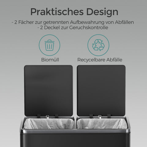 Rootz Dual Compartment Dash Can - Recycling Bin - Waste Separator - 60L Capacity - Steel Material - 59cm x 36.5cm x 65.2cm