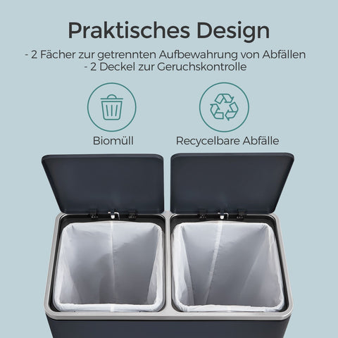 Rootz 2 Compartment Pedal Trash Can - Recycling Bin - Waste Container - Hygienic & Child-Proof Design - 58.6cm x 32cm x 65cm