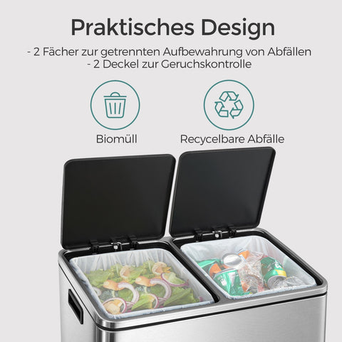 Rootz 2 Compartment Trash Can - Dual Compartment Waste Bin - Garbage Can - Sort Waste Easily - 58.6cm x 32cm x 65cm