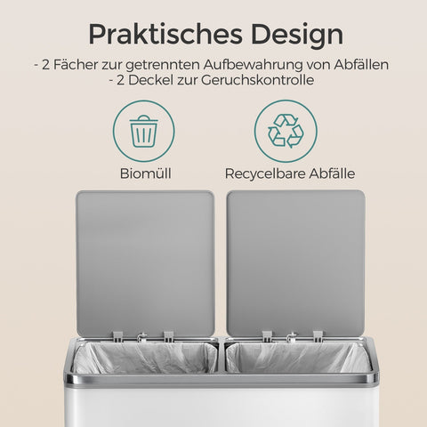 Rootz 2 Compartment Pedal Trash Can - Recycling Bin - Waste Sorter - Hygienic Waste Disposal - 58.6cm x 32cm x 65cm