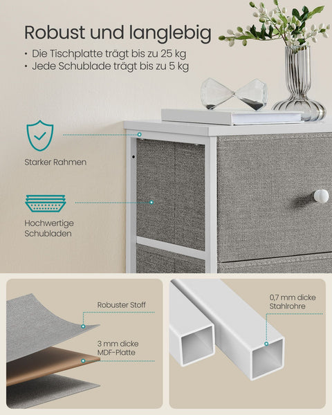 Rootz Storage Cabinet - Drawer Organizer - Chipboard - Dove Gray-Cream White - 29.8cm x 45cm x 112.3cm - Steel Frame - Fabric Drawer Front