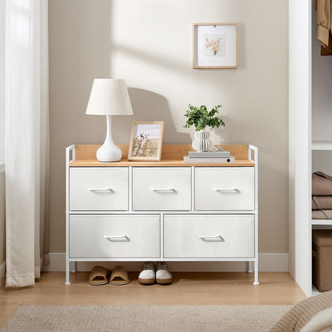 Rootz Chest of Drawers - Storage Cabinet - Dresser - Chipboard & MDF - Steel Frame - Cloud White - Oak Beige - 29cm x 98.2cm x 70cm