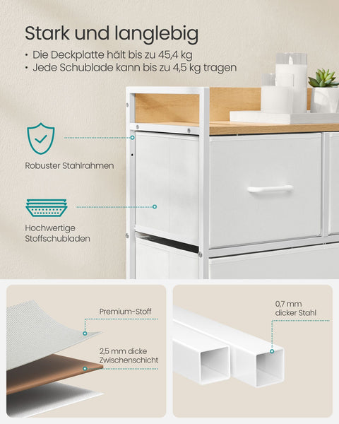 Rootz Chest of Drawers - Storage Cabinet - Dresser - Chipboard & MDF - Steel Frame - Cloud White - Oak Beige - 29cm x 98.2cm x 70cm