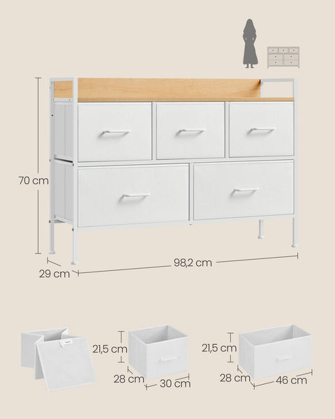 Rootz Chest of Drawers - Storage Cabinet - Dresser - Chipboard & MDF - Steel Frame - Cloud White - Oak Beige - 29cm x 98.2cm x 70cm