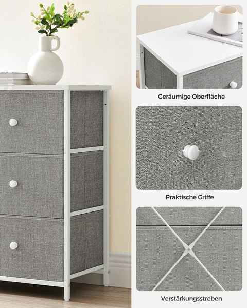 Rootz 3 Drawer Chest - Storage Cabinet - Dresser - Light Gray White - Chipboard Steel Non-Woven Fabric - 30cm x 80cm x 71cm - 10.2kg Max Weight - 3kg Drawer Capacity - 15kg Table Top Capacity - 33kg Total Capacity