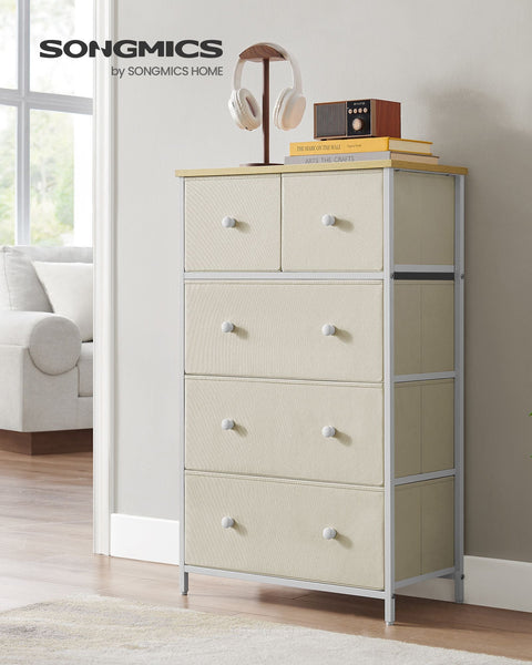 Rootz Storage Cabinet - Chipboard Steel Fabric Drawer Front - Camel Yellow Cream White - Large 30 x 56 x 93 cm - Lightweight - Spacious - Easy Assembly