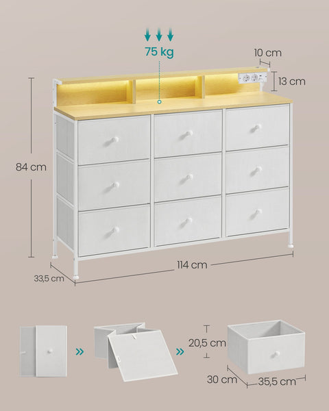 Rootz Chest of Drawers - Dresser - Storage Unit - LED Lighting - 33.5 T x 114 W x 84 H cm - Cloud White - Functional Design