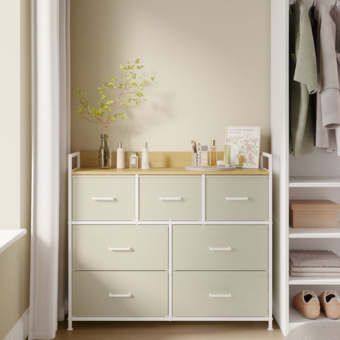 Rootz White 6-Drawer Dresser - Wooden Chest - Fabric Drawer Fronts - Chipboard - 28.5cm x 98cm x 85cm - Organizer - 6 Drawers