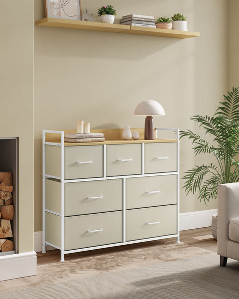 Rootz White 6-Drawer Dresser - Wooden Chest - Fabric Drawer Fronts - Chipboard - 28.5cm x 98cm x 85cm - Organizer - 6 Drawers
