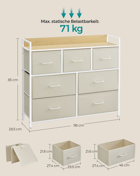 Rootz White 6-Drawer Dresser - Wooden Chest - Fabric Drawer Fronts - Chipboard - 28.5cm x 98cm x 85cm - Organizer - 6 Drawers