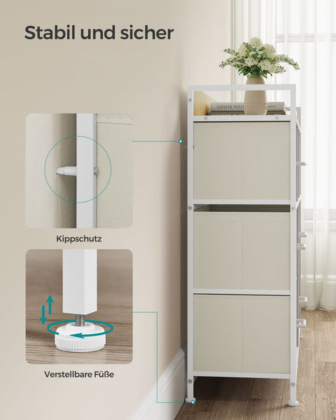 Rootz White 6-Drawer Dresser - Wooden Chest - Fabric Drawer Fronts - Chipboard - 28.5cm x 98cm x 85cm - Organizer - 6 Drawers