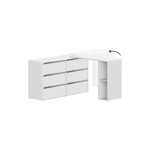 Rootz Snow White Modern Desk - L-Shaped Table - Wooden Chipboard - Space-Saving Shelf - 39x90x74 cm, Chest: 39x120x72 cm