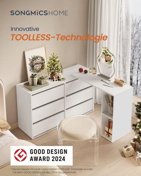 Rootz Snow White Modern Desk - L-Shaped Table - Wooden Chipboard - Space-Saving Shelf - 39x90x74 cm, Chest: 39x120x72 cm