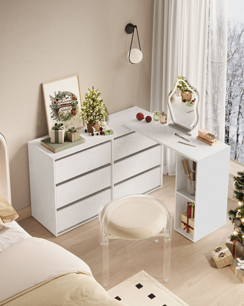 Rootz Snow White Modern Desk - L-Shaped Table - Wooden Chipboard - Space-Saving Shelf - 39x90x74 cm, Chest: 39x120x72 cm