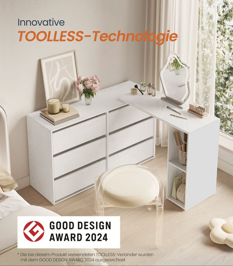 Rootz Snow White Modern Desk - L-Shaped Table - Wooden Chipboard - Space-Saving Shelf - 39x90x74 cm, Chest: 39x120x72 cm