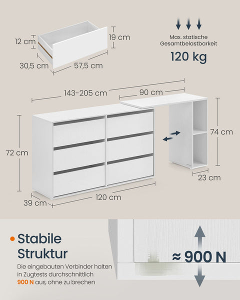 Rootz Snow White Modern Desk - L-Shaped Table - Wooden Chipboard - Space-Saving Shelf - 39x90x74 cm, Chest: 39x120x72 cm
