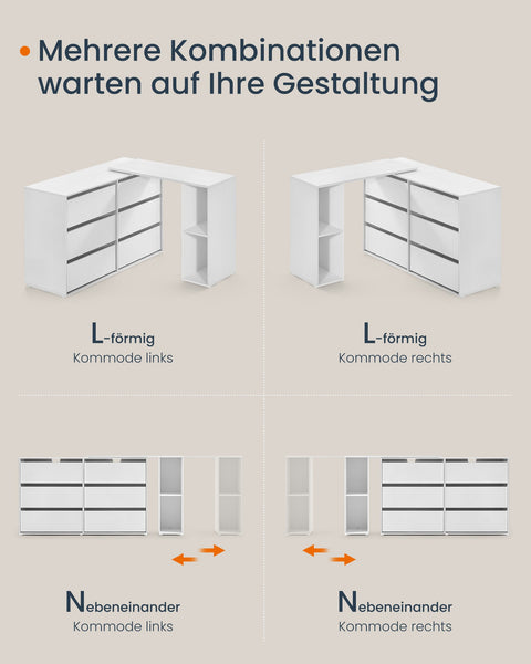 Rootz Snow White Modern Desk - L-Shaped Table - Wooden Chipboard - Space-Saving Shelf - 39x90x74 cm, Chest: 39x120x72 cm