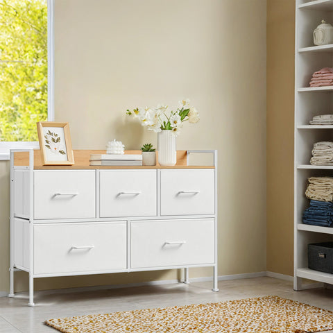 Rootz Chest of Drawers - Closet - Storage Unit - 5 Fabric Drawers with Handles - Max 68kg Load - 29cm x 98.2cm x 70cm