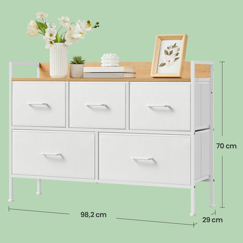 Rootz Chest of Drawers - Closet - Storage Unit - 5 Fabric Drawers with Handles - Max 68kg Load - 29cm x 98.2cm x 70cm