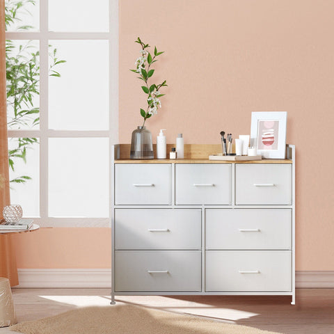 Rootz Chest of Drawers - Closet - Storage Cabinet - Sturdy Build - 28.5cm x 98cm x 85cm - 7 Drawers Handles - Cloud White Oak Beige