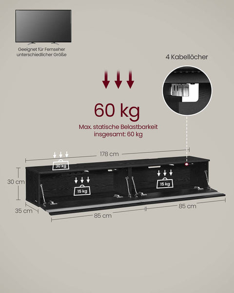 Rootz TV Lowboard Hanging - TV Stand - Media Console - Space-Saving Design - 178cm x 35cm x 30cm - Ebony Black