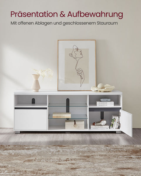 Rootz White TV Stand - Entertainment Center - Media Console - Chipboard - Tempered Glass - 40cm x 160cm x 60cm - 37.2kg - 40kg Max Table Top Load - 90kg Max Total Load