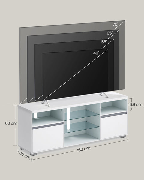 Rootz White TV Stand - Entertainment Center - Media Console - Chipboard - Tempered Glass - 40cm x 160cm x 60cm - 37.2kg - 40kg Max Table Top Load - 90kg Max Total Load