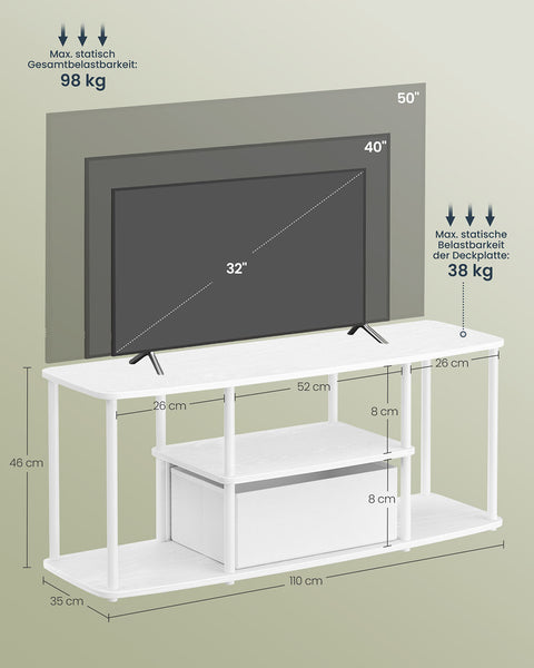 Rootz TV Cabinet -  White  - Wooden Chipboard Storage - Supports 50" TVs - 110x35x46cm
