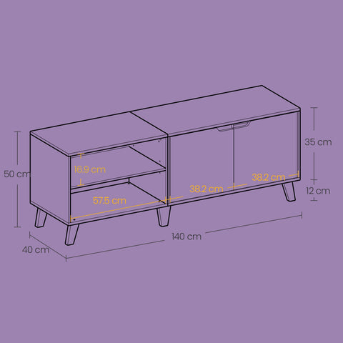 Rootz TV Cabinet - Television Table - 2-Door TV Stand - White Finish - 140cm x 40cm x 50cm