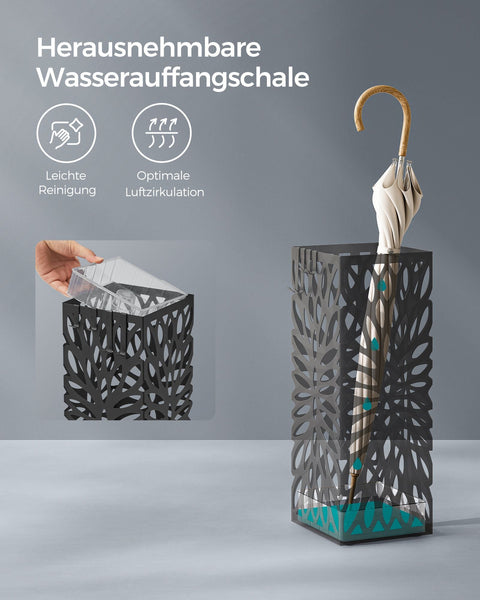 Rootz Umbrella Stand with Water Collection Tray - Black Beach Umbrella Holder - Steel Plastic Construction - Lightweight and Portable - 15.5cm x 15.5cm x 41cm