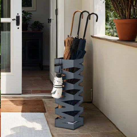 Rootz Metal Umbrella Stand - Screen Stand - Water Aschard - 4 Hooks Included - Grey - 15.5cm x 15.5cm x 49cm