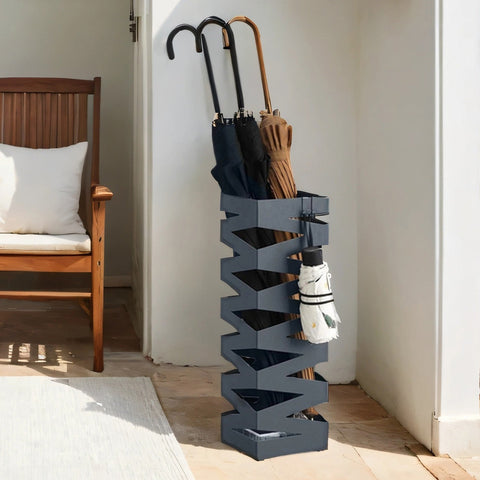 Rootz Metal Umbrella Stand - Screen Stand - Water Aschard - 4 Hooks Included - Grey - 15.5cm x 15.5cm x 49cm