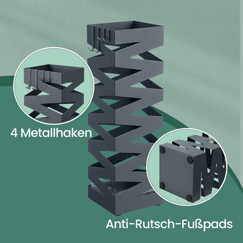 Rootz Metal Umbrella Stand - Screen Stand - Water Aschard - 4 Hooks Included - Grey - 15.5cm x 15.5cm x 49cm