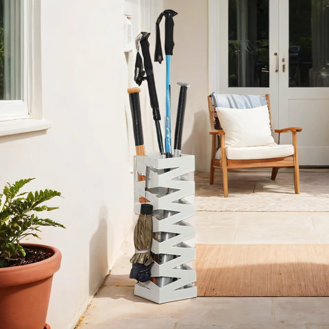 Rootz Square Metal Umbrella Stand - Entryway Decor - Iron Stand with Water Tray & Hooks - Durable Storage - 15.5cm x 15.5cm x 49cm