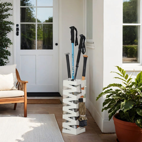 Rootz Square Metal Umbrella Stand - Entryway Decor - Iron Stand with Water Tray & Hooks - Durable Storage - 15.5cm x 15.5cm x 49cm