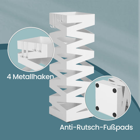 Rootz Square Metal Umbrella Stand - Entryway Decor - Iron Stand with Water Tray & Hooks - Durable Storage - 15.5cm x 15.5cm x 49cm