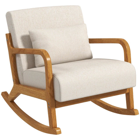 Rootz Rocking Chair - Retro Design - Rubberwood - Imitation Linen - Multi-layer Board - Beige + Brown - 64.5cm x 92cm x 81.5cm
