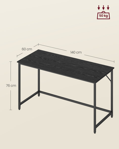 Rootz Large Desk - Workstation - Study Table - Chipboard Steel - 60cm x 140cm x 76cm - Ebony Black - Ink Black - 14.2kg - 50kg Capacity