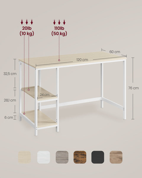 Rootz Wooden Desk with 2 Shelves - Office Table - Workstation - Space-saving - 60cm x 120cm x 76cm