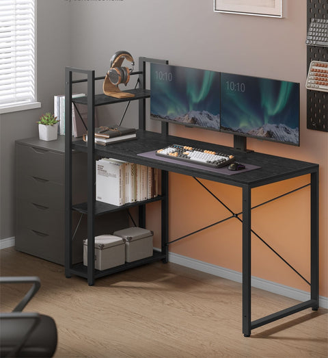 Rootz Computer Desk - Office Desk - Workstation - Ebony Black - Chipboard and Steel - 56cm x 137cm x 120cm - Spacious Shelves - Easy Assembly