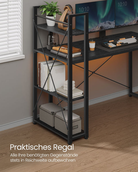 Rootz Computer Desk - Office Desk - Workstation - Ebony Black - Chipboard and Steel - 56cm x 137cm x 120cm - Spacious Shelves - Easy Assembly