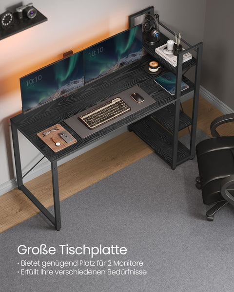 Rootz Computer Desk - Office Desk - Workstation - Ebony Black - Chipboard and Steel - 56cm x 137cm x 120cm - Spacious Shelves - Easy Assembly