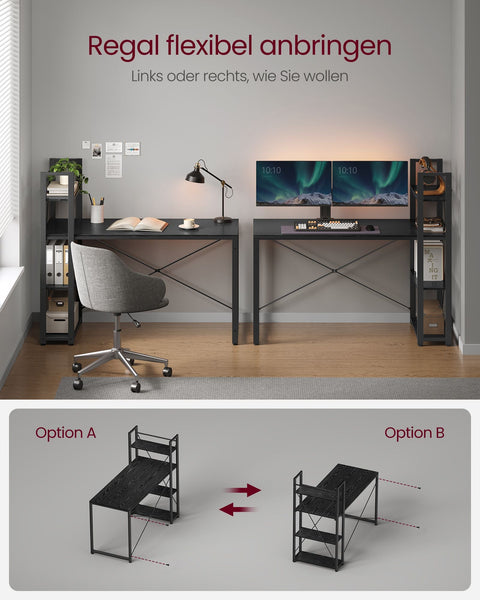 Rootz Computer Desk - Office Desk - Workstation - Ebony Black - Chipboard and Steel - 56cm x 137cm x 120cm - Spacious Shelves - Easy Assembly